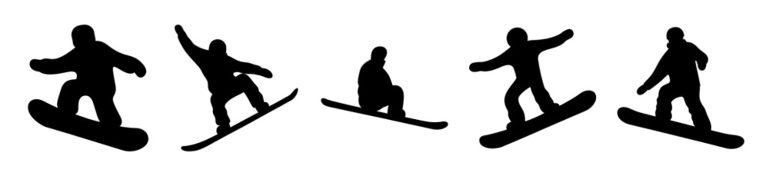 Skier performing dynamic snowboarding tricks sequence - Silhouette animation of a snowboarder executing a series of fluid jumps and tricks against a plain background, ideal for sports or action media.