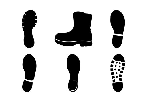 Black footprints and boot silhouette collection - Minimalist black and white vector icons showing footprints, boots, and shoes. Great for travel, fashion, or outdoor themes.