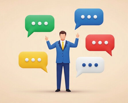 Professional businessman standing with arms raised and surrounded by colorful floating speech bubbles representing communication networking and customer feedback concepts.