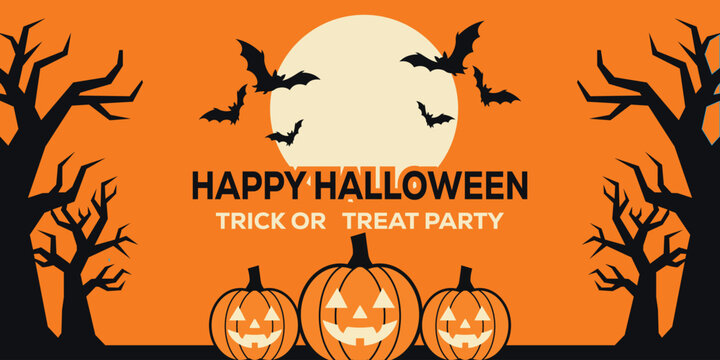 Happy Halloween Party Banner with Pumpkin Jack O Lantern, Flying Bats, Full Moon and Spooky Tree Vector Background