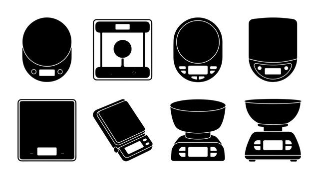 Digital Kitchen Scales Vector Icons Set, Food Weighing Tools Collection, Precision Measurement Devices