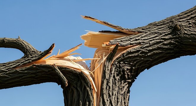 Broken Tree Trunk Splintered Against Clear Blue Sky