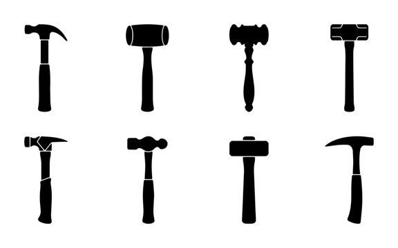 Hammer Icons Set, Black Silhouettes of Various Hammers, Tools Collection for Construction and DIY Projects