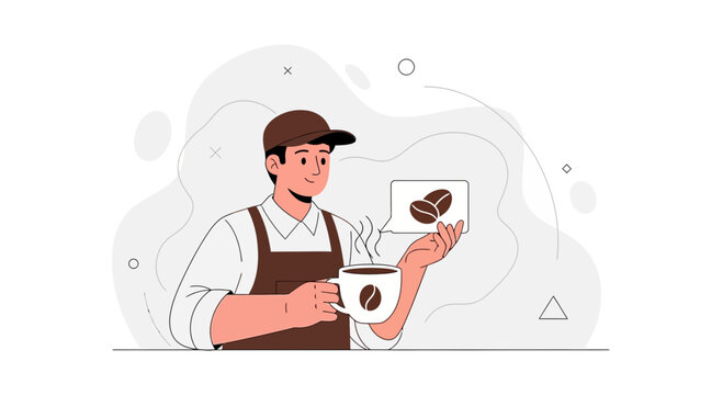 Barista holding a cup of coffee and showing coffee beans, modern flat illustration, perfect for cafe, coffee shop, and beverage concepts.