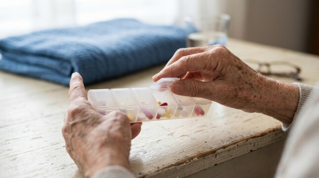 Elderly hands organizing daily medication in a pill organizer box