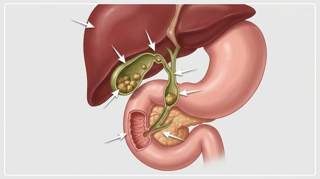 Illustration of gallstones impacting the gallbladder, bile ducts, and duodenum