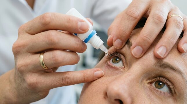 Close-up of a person receiving eye drops from a white bottle for dry eyes