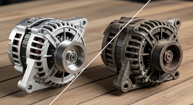 Clean and Dirty Car Alternators Compared on Wooden Workbench