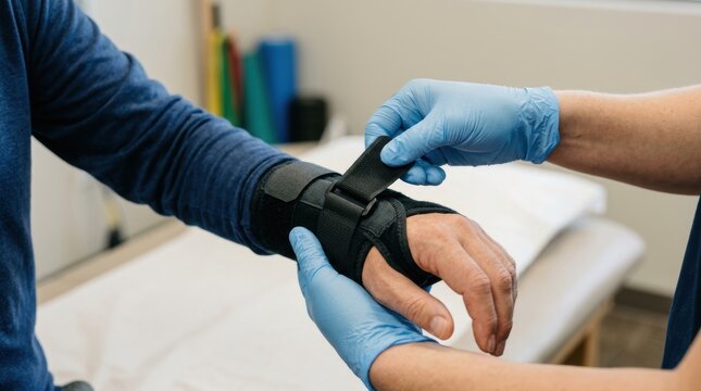 Physical therapist applying a wrist brace to a patient's injured arm in a clinic