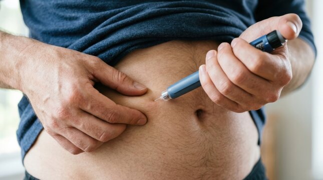 Man administering insulin injection into his abdomen with a pen device