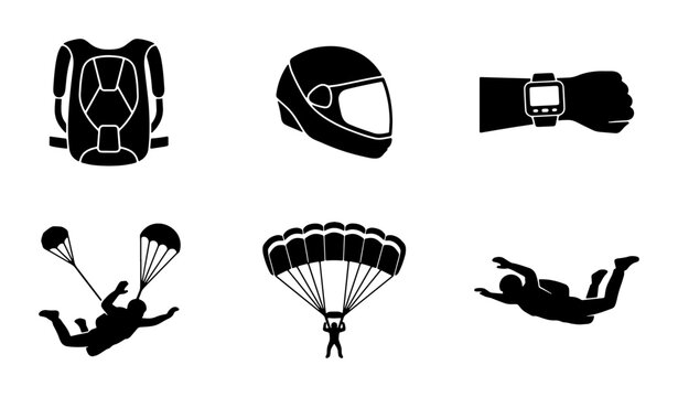 Skydiving Gear Icons: Parachute, Helmet, Backpack, Smartwatch, Skydiver Silhouette Set