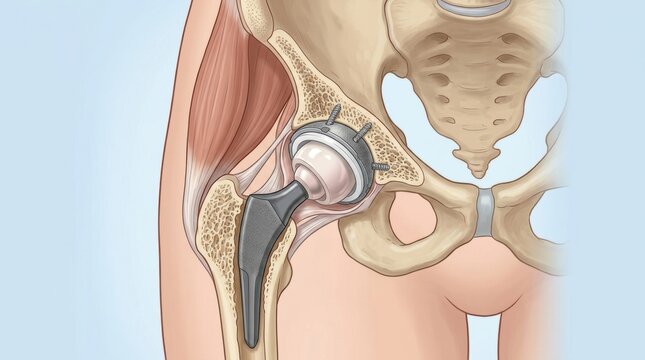 Detailed illustration of a total hip replacement implant within the human pelvis