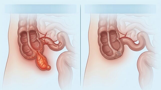Appendectomy surgical procedure showing inflamed appendix before and after removal