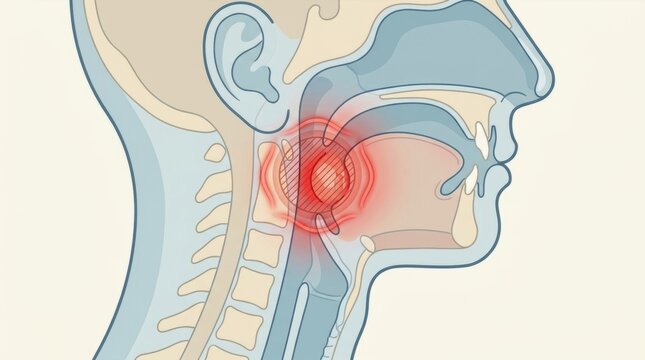 Diagram of the human throat showing inflammation and pain in the pharynx