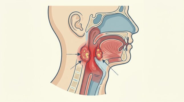 Diagram showing inflamed tonsils and swollen lymph nodes in the throat area