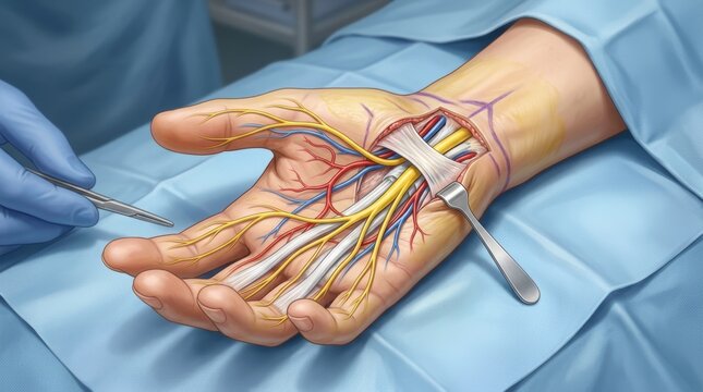 Detailed illustration of a surgical procedure exposing nerves and blood vessels in the human hand