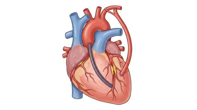 Illustration of a human heart with coronary artery bypass graft surgery
