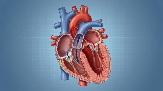 Detailed anatomical illustration of the human heart showing blood flow and chambers