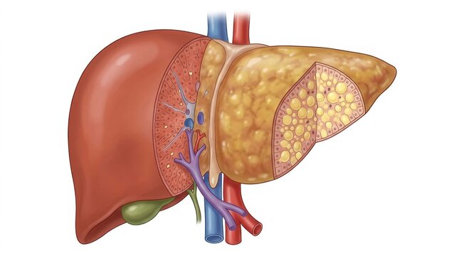 Cross-section of a human liver showing fatty liver disease and healthy tissue
