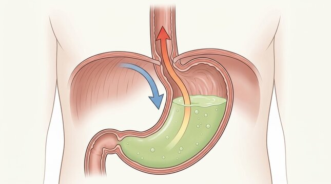 Diagram showing stomach acid refluxing up into the esophagus with arrows indicating flow