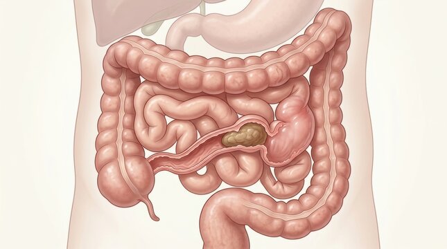 Illustration of a fecalith obstructing the appendix within the human digestive system