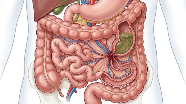 Detailed illustration of the human digestive system showing stomach, intestines, and liver