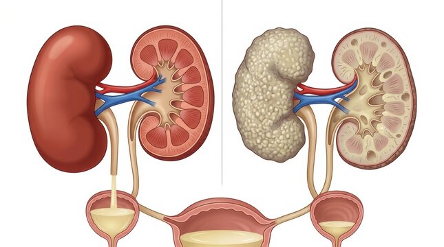 Comparison of a healthy kidney and a diseased kidney with polycystic kidney disease