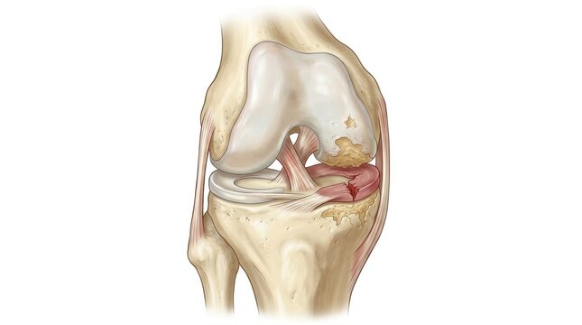 Anatomical illustration of a torn meniscus in the human knee joint