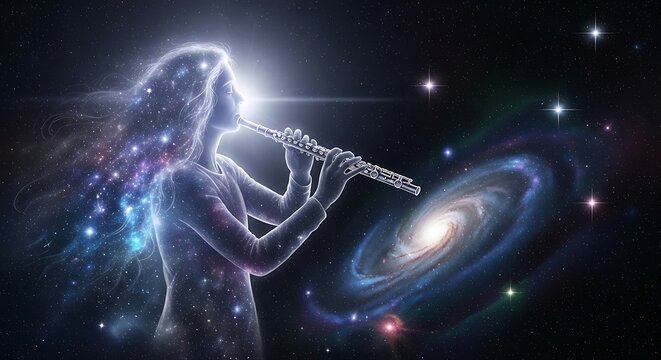 Glowing Ethereal Woman Playing Flute in Cosmic Galaxy Space Scene