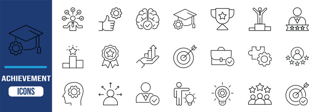 Achievement success education business strategy icons. graduation cap icon set, trophy icon set, medal icon set