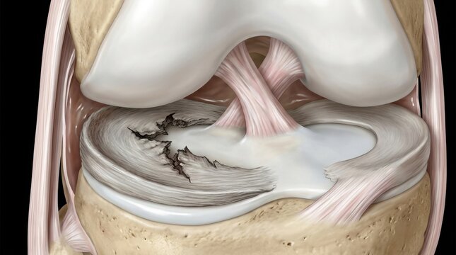 Detailed illustration of a torn meniscus within the human knee joint