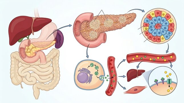 Diagram illustrating the endocrine function of the pancreas and its role in glucose regulation