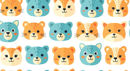 Obraz premium Cute Seamless Pattern with Cartoon Animal Faces, Kawaii Bear Tiger and Fox Vector Illustration for Kids Fabric, Wallpaper and Nursery Decor