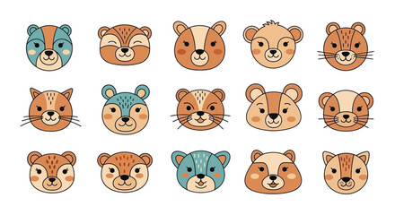 Fototapeta premium Cute Woodland Animal Faces Collection - Hand Drawn Scandinavian Style Vector Illustrations of Bears, Cats, and Raccoons for Nursery Decor and Kids Projects