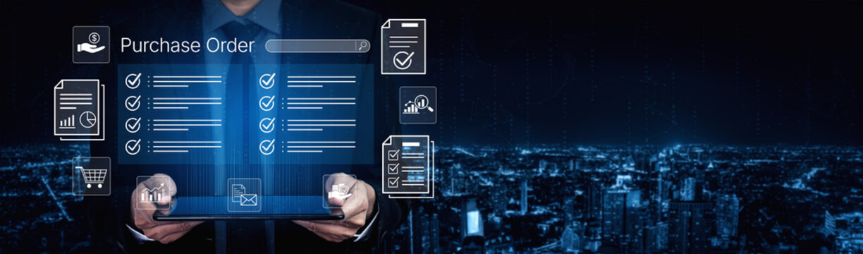 Professional businessperson with tablet showcasing digital purchase order interface against city skyline in night setting. Bitwise.