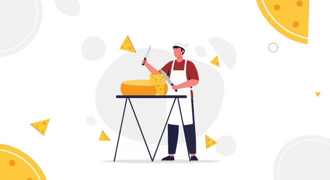 Chef Cutting Large Wheel of Cheese with Knife, Flat Vector Illustration
