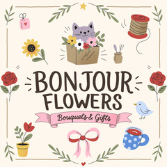 Flower boutique sign with cat and bouquets in playful doodle style © Viktoriia Kalganov