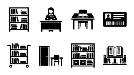 Library Icons Set: Bookshelves, Librarian, Desk, ID Card, Book Cart, Door, Study Area, Open Book - Vector Graphics for Education and Information © Arman
