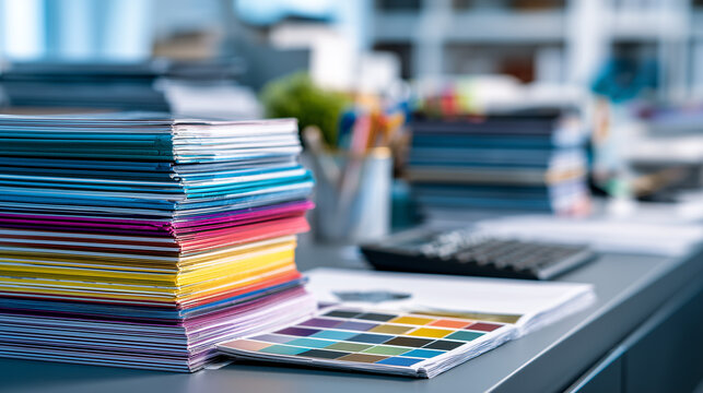 colorful notebook stack and print color swatch on creative office desk in modern design studio workspace