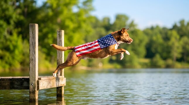 Energetic dog wearing american flag cape jumping from wooden pier into lake water during summertime.