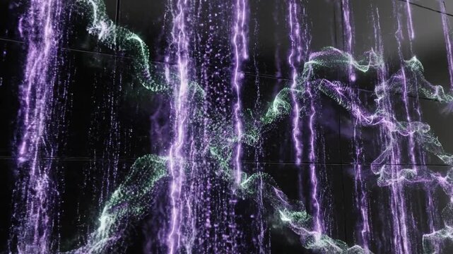 Data Streams Cascade Down Obsidian Wall Creating Shimmering Visuals