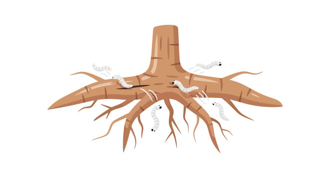 Plant Roots Infested with White Grubs, Agricultural Pest Infestation Illustration