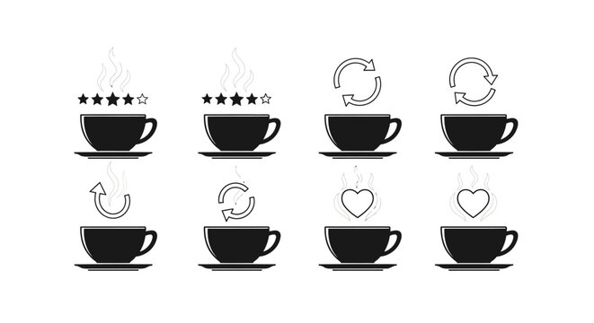 Coffee cup rating and feedback icons with star symbols heart shapes and refresh arrows. Vector set for customer satisfaction review and service evaluation tools