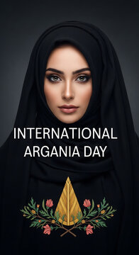 Woman in hijab with text celebrating international argania day on transparent background