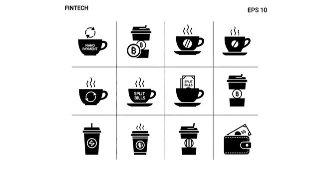 Fintech icons on cups related to bitcoin nano payment split bills and wallet for financial technology concepts