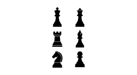 Black Chess Pieces Silhouettes, King, Queen, Rook, Bishop, Knight, Pawn Icons, Strategy Game Elements © khan