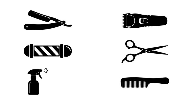 Barber Tools Vector Icons: Razor, Clipper, Scissors, Comb, Spritzer, Pole