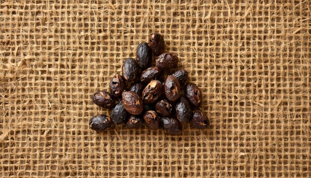 Luxury Oil Advertisement of Tiny Kidney-Shaped Bakuchi Seeds on Coarse Jute Fabric
