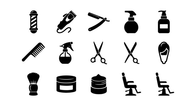 Barber Shop Icons, Hair Salon Tools Set, Vintage Grooming Equipment Vector Graphics