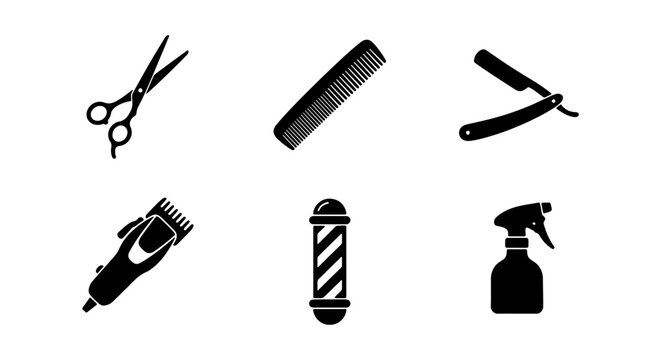 Barber Shop Icons Set: Scissors, Comb, Razor, Clipper, Barber Pole, Spray Bottle